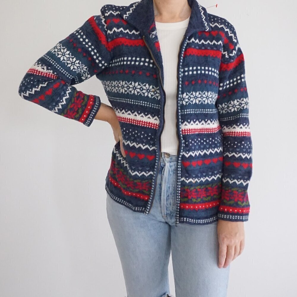 VTG Tiara International Fair Isle Zip Cardigan 45% Cotton Cabincore Holiday L